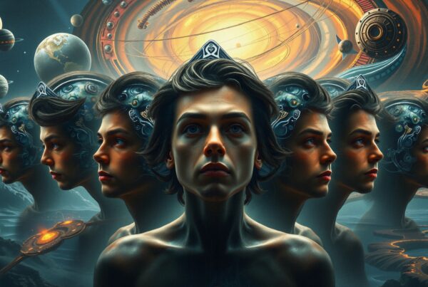 Futuristic digital artwork depicting multiple identical figures with elaborate headgear against a cosmic background of planets and galaxies.