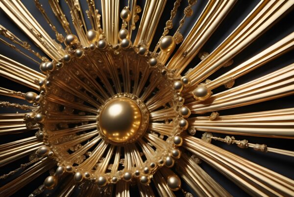 Intricate golden starburst with pearls.