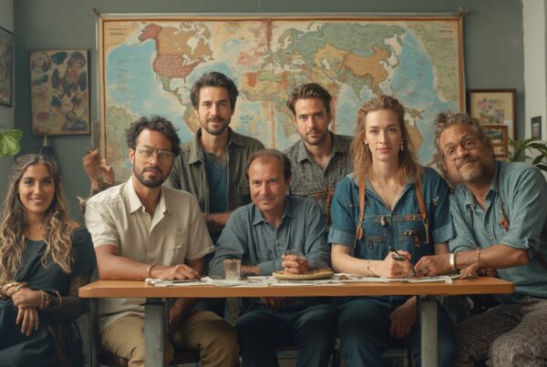 A diverse group of people seated around a table with a world map, surrounded by plants and art, in a warm and creative setting.