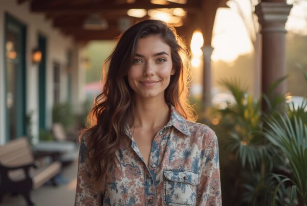 Young Woman Portrait Outdoors at Sunset by Tropical Architecture