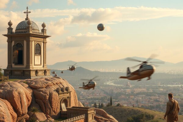 A surreal landscape with a grand domed structure, several helicopters, and a distant city under a golden sunset.