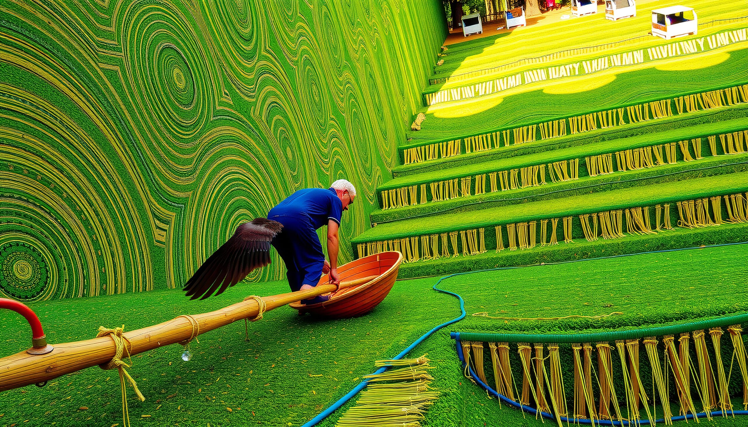 Man Working in Surreal Grass Field