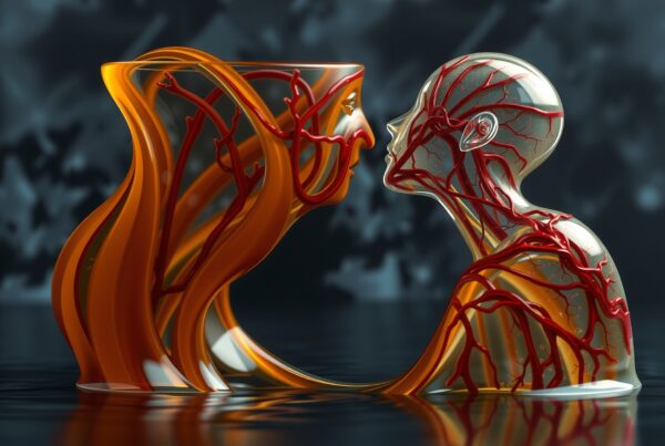 Abstract art of two translucent human figures with red veins in a surreal setting, symbolizing connection and fluidity.