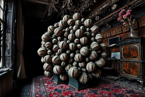 An artistic installation of wooden spheres in a vintage room.