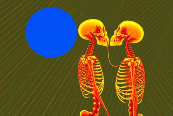 Surreal glowing skeletons facing each other with connecting wire and bold blue orb on striped background