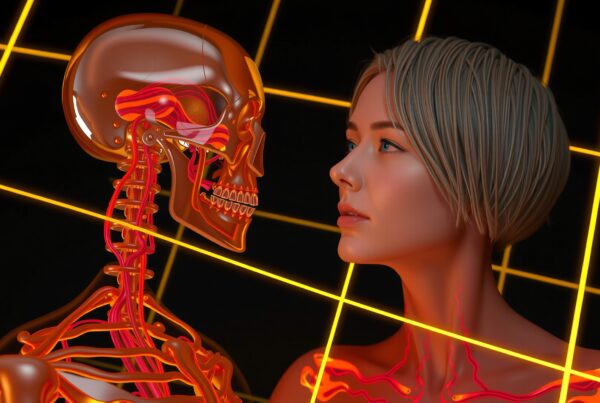 Digital artwork of a woman examining a glowing anatomical skull illustration.