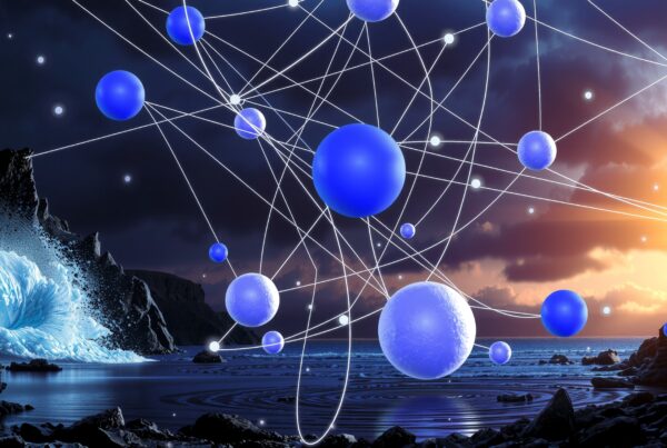 Surreal coastal scene with blue spheres at sunset.