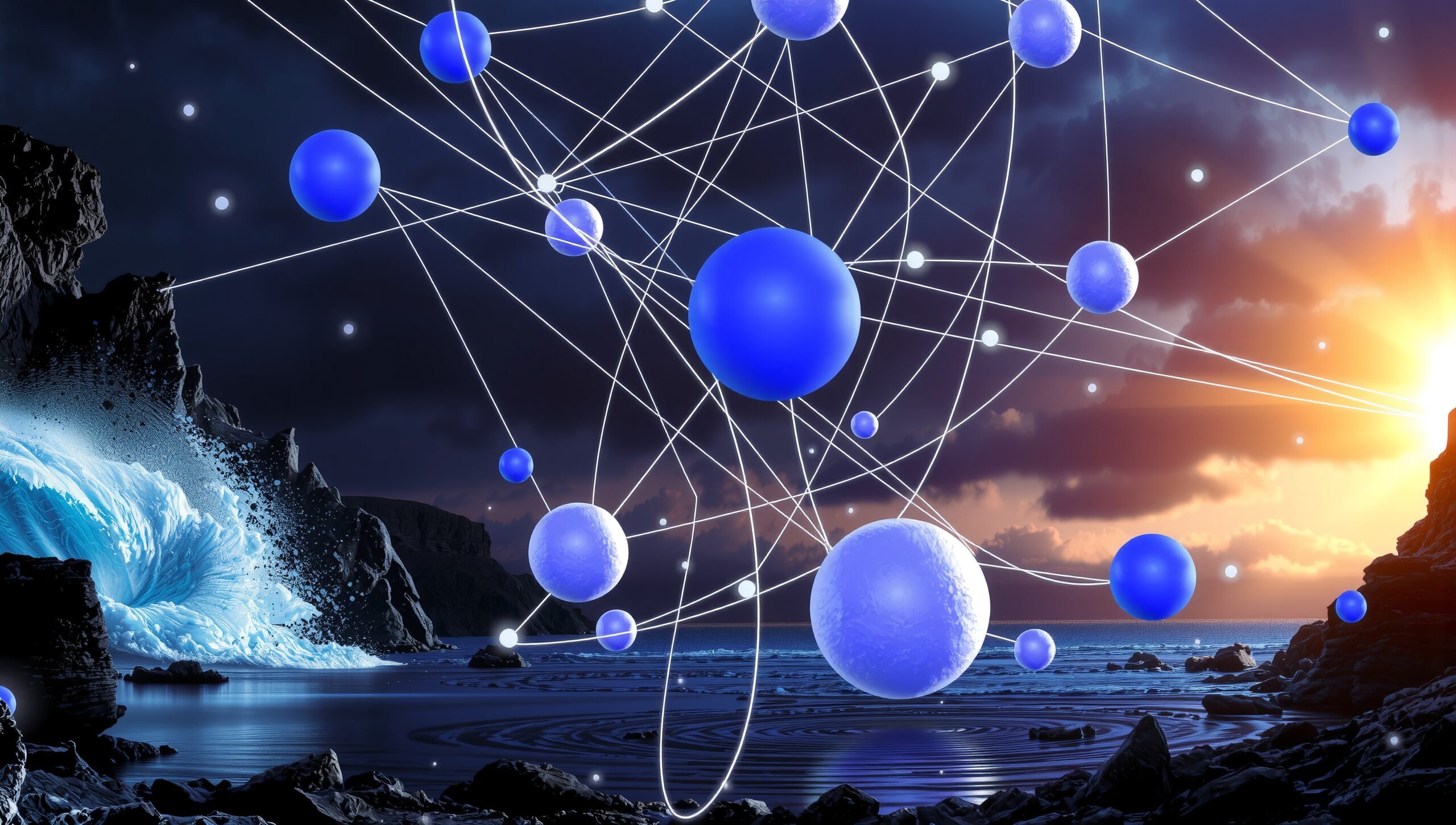 Mystical Sunset With Floating Spheres