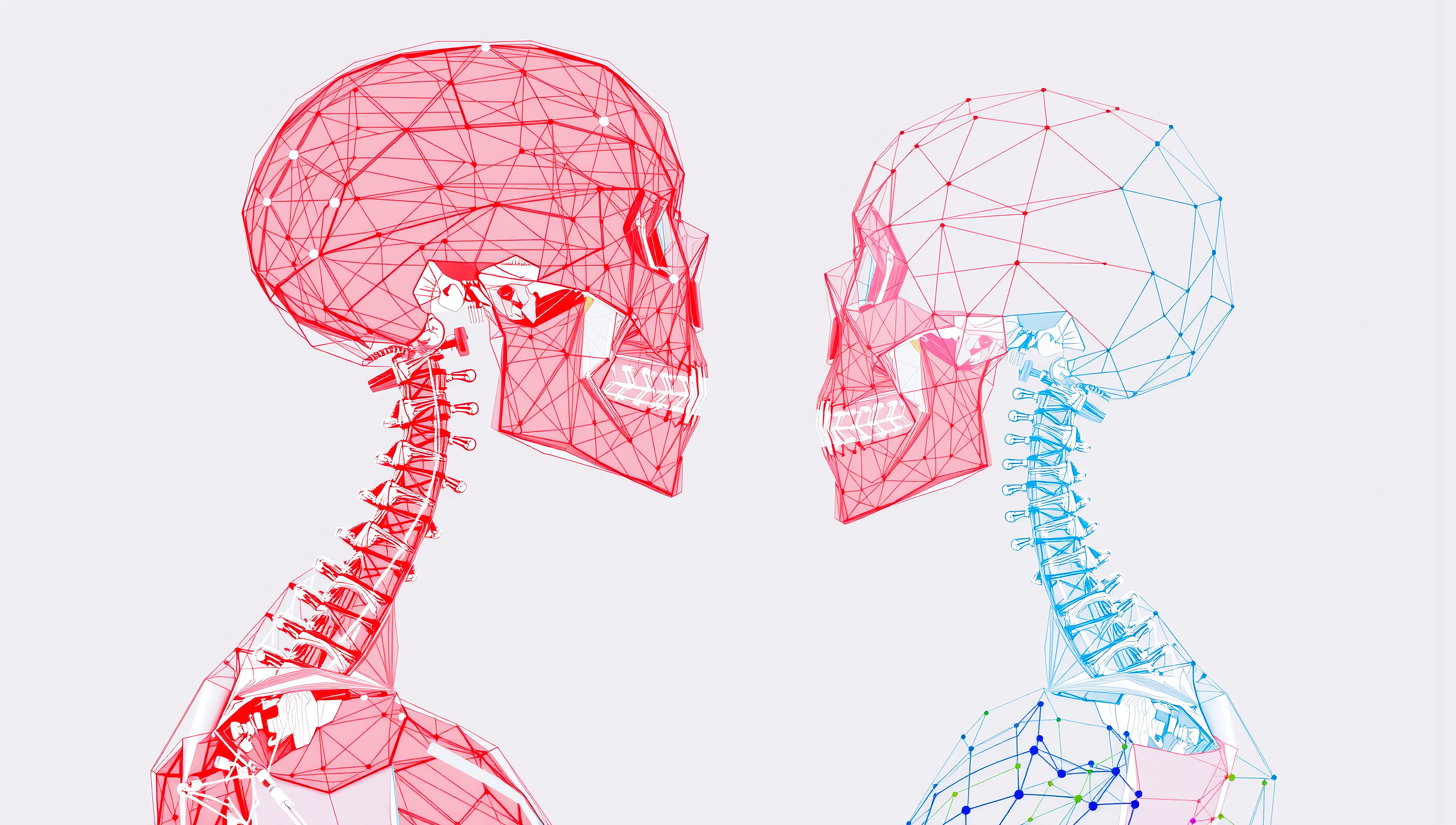 Wireframe Human Skulls in Red and Blue
