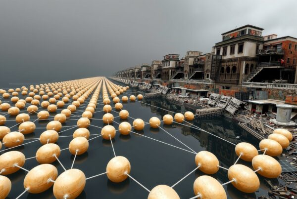 Yellow buoys create geometric patterns on water amidst decaying urban landscape.