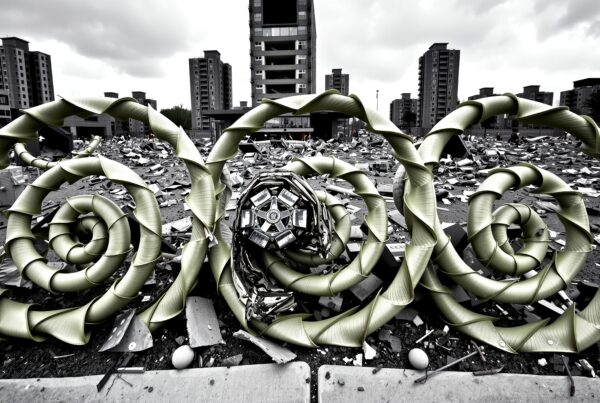 A surreal urban landscape with large spiral structures amidst debris and tall buildings.