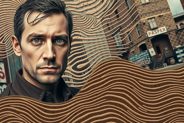 Portrait of man with blue eyes in urban setting with wavy lines and brick building signage