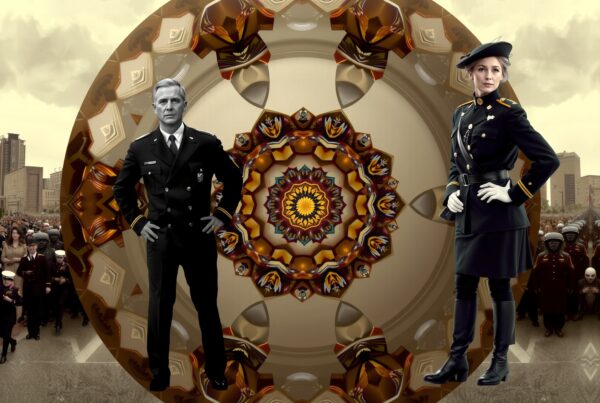 A kaleidoscopic city scene blending authority, geometry, and public presence in ceremonial uniforms.