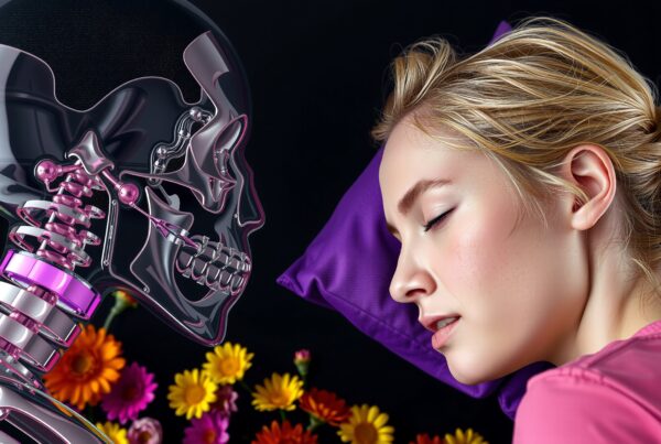 A woman sleeps peacefully beside a metallic skeleton, surrounded by vibrant flowers.
