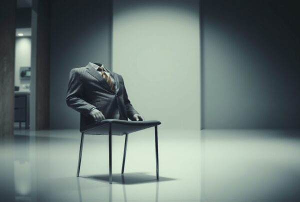 A headless business suit sits in an office setting, creating a surreal and intriguing visual.