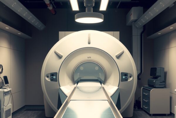 A modern MRI machine in a clinical room with medical equipment and overhead lighting.