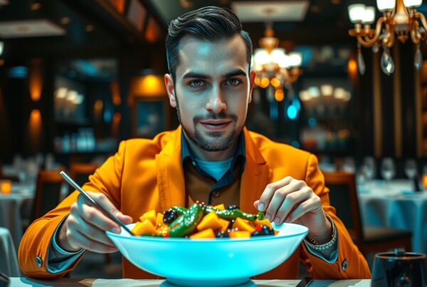 A man in an orange jacket enjoys a fruit salad in an elegant restaurant setting.