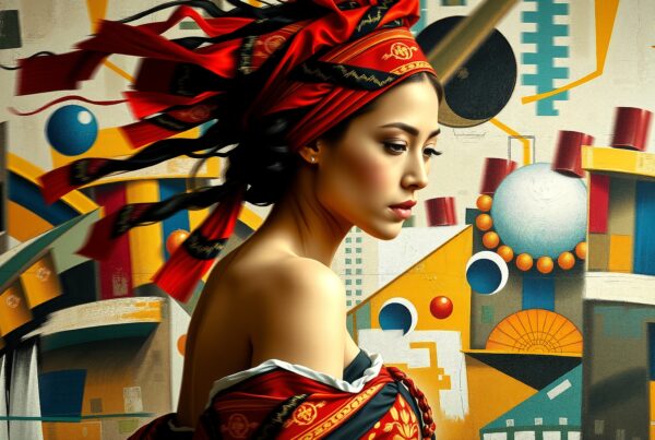 Portrait of a woman in vibrant red headdress against a geometric abstract background.