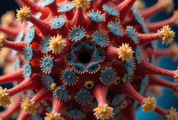 A colorful virus structure with protruding spikes against a dark background.