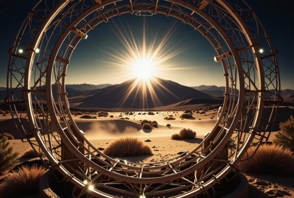 A futuristic circular structure frames a desert sunrise, capturing vibrant light and natural beauty.