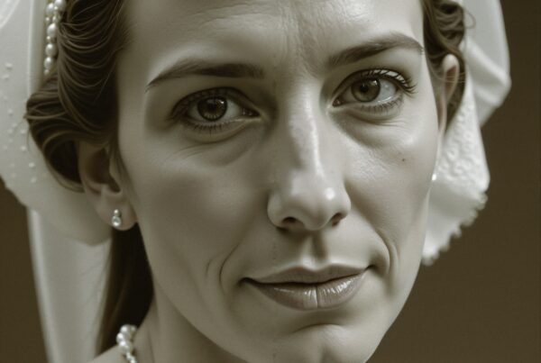 A serene portrait of a woman wearing pearls and a white headscarf against a brown background.