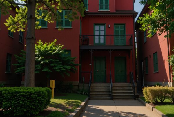 Vibrant red building with green shutters in a lush garden.