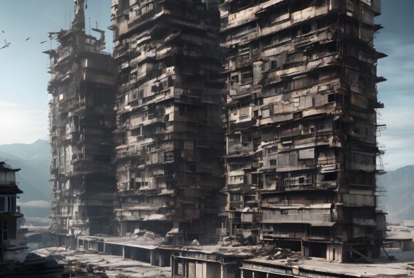 Three towering abandoned buildings stand desolate against a misty mountain backdrop.