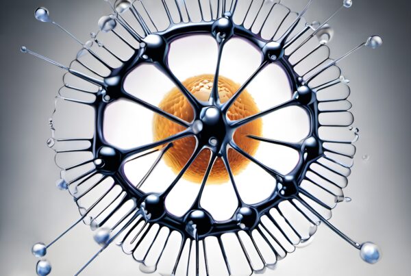 Abstract futuristic cell-like structure with orange sphere and metallic tendrils.
