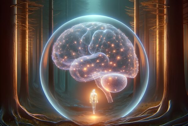 A glowing human figure stands under a bright digital brain in a mystical forest setting.