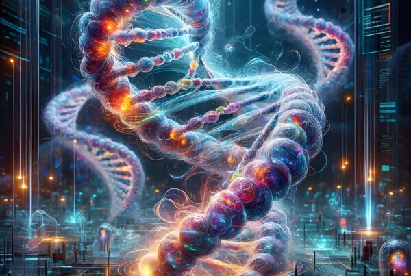 Colorful futuristic digital DNA helix in advanced laboratory setting.