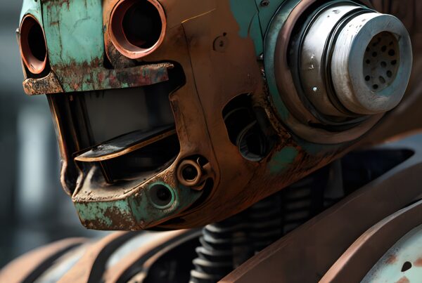 Decayed robotic head with rusted teal and bronze paint showing advanced deterioration details