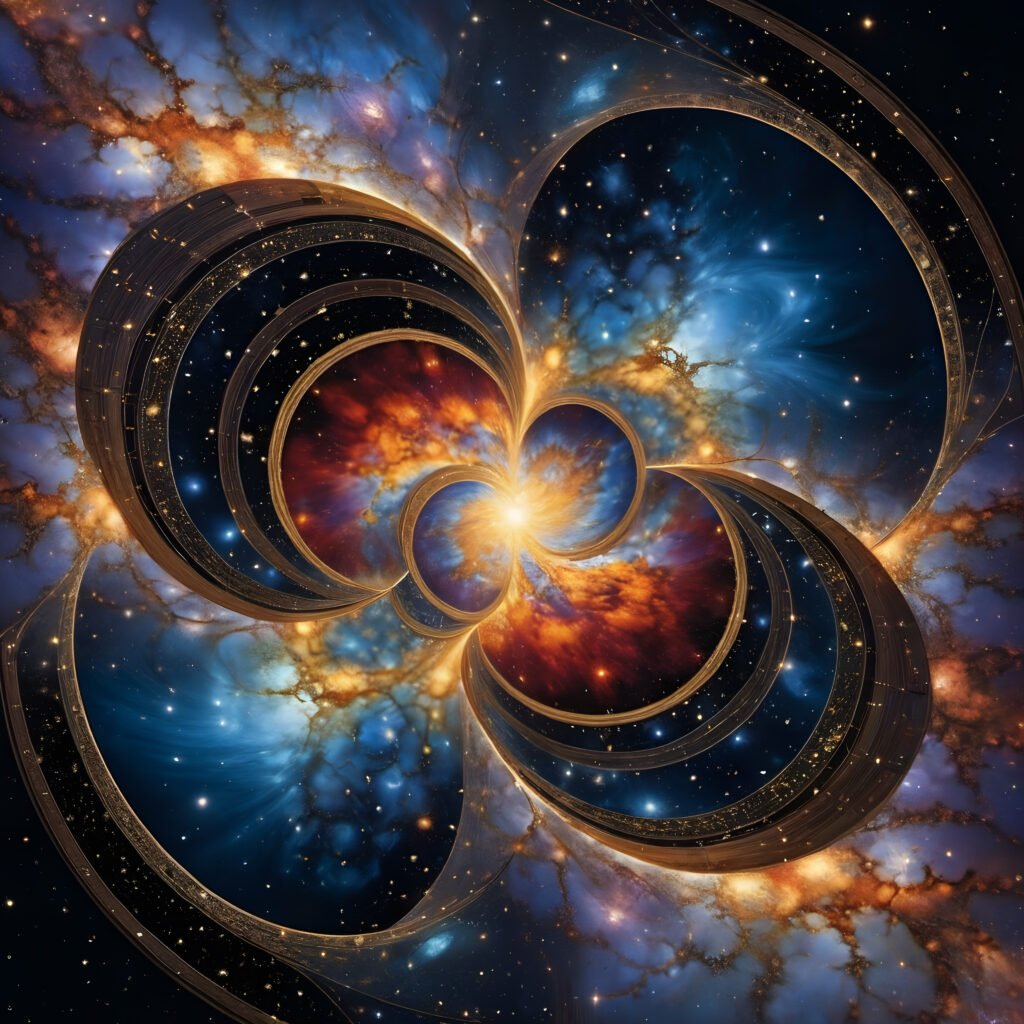 Cosmic Nebula with Golden Rings - Abstract Space Art Stock Photo