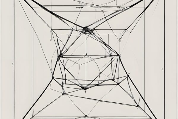 Abstract geometric design with intersecting lines and mathematical references.