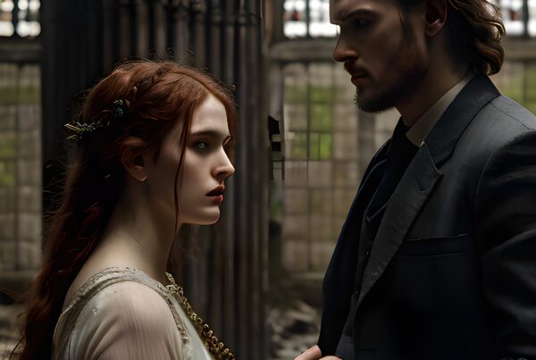 A couple stands in a dramatic scene with an ornate cathedral backdrop, suggesting romance or mystery.