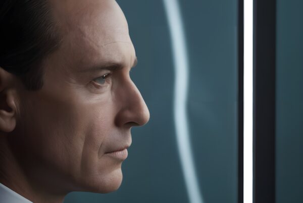 Man in suit gazing thoughtfully by window.