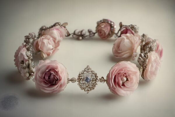 A luxurious tiara adorned with pink roses and sparkling gemstones, perfect for weddings and formal occasions.