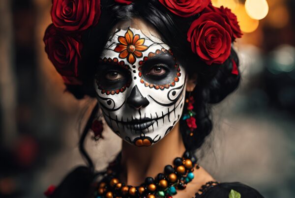 A woman with intricate Día de los Muertos makeup and floral headpiece.