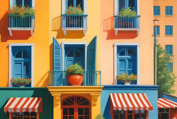 Vibrant building facade with colorful shutters and flowers.