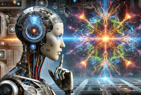 A robot ponders a vibrant, colorful neural network.