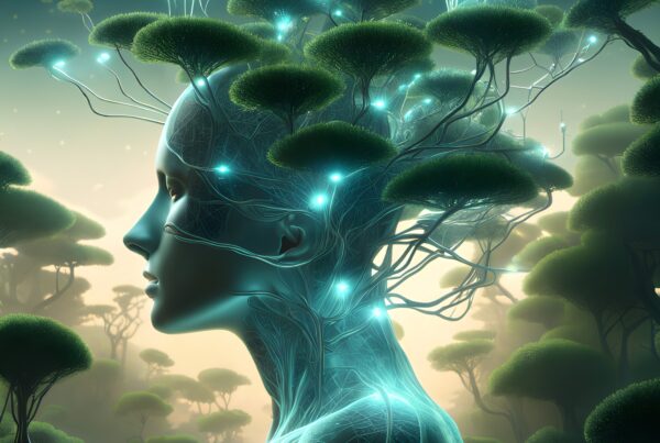 A humanoid figure merges with illuminated tree-like structures, symbolizing the fusion of nature and technology in an ethereal forest setting.