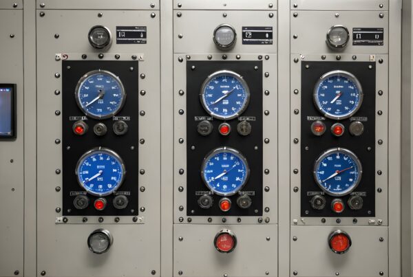 Industrial control panel with blue gauges and knobs.