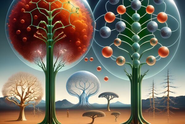 An artistic depiction of surreal trees with transparent domes and colorful spheres in a futuristic landscape.