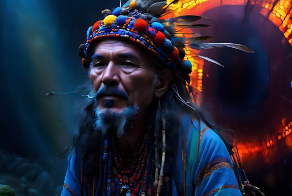 Elderly man with colorful attire and feathered headpiece in a mystical, abstract background.