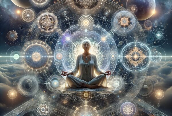 A person meditates amidst cosmic geometric patterns.