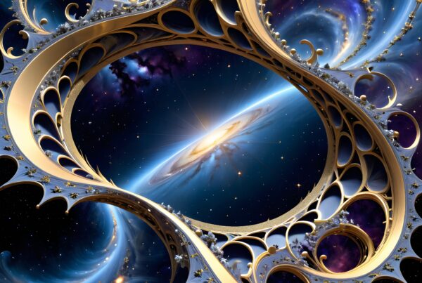 A mesmerizing cosmic scene featuring a galaxy surrounded by golden spiral fractals against a deep space backdrop.