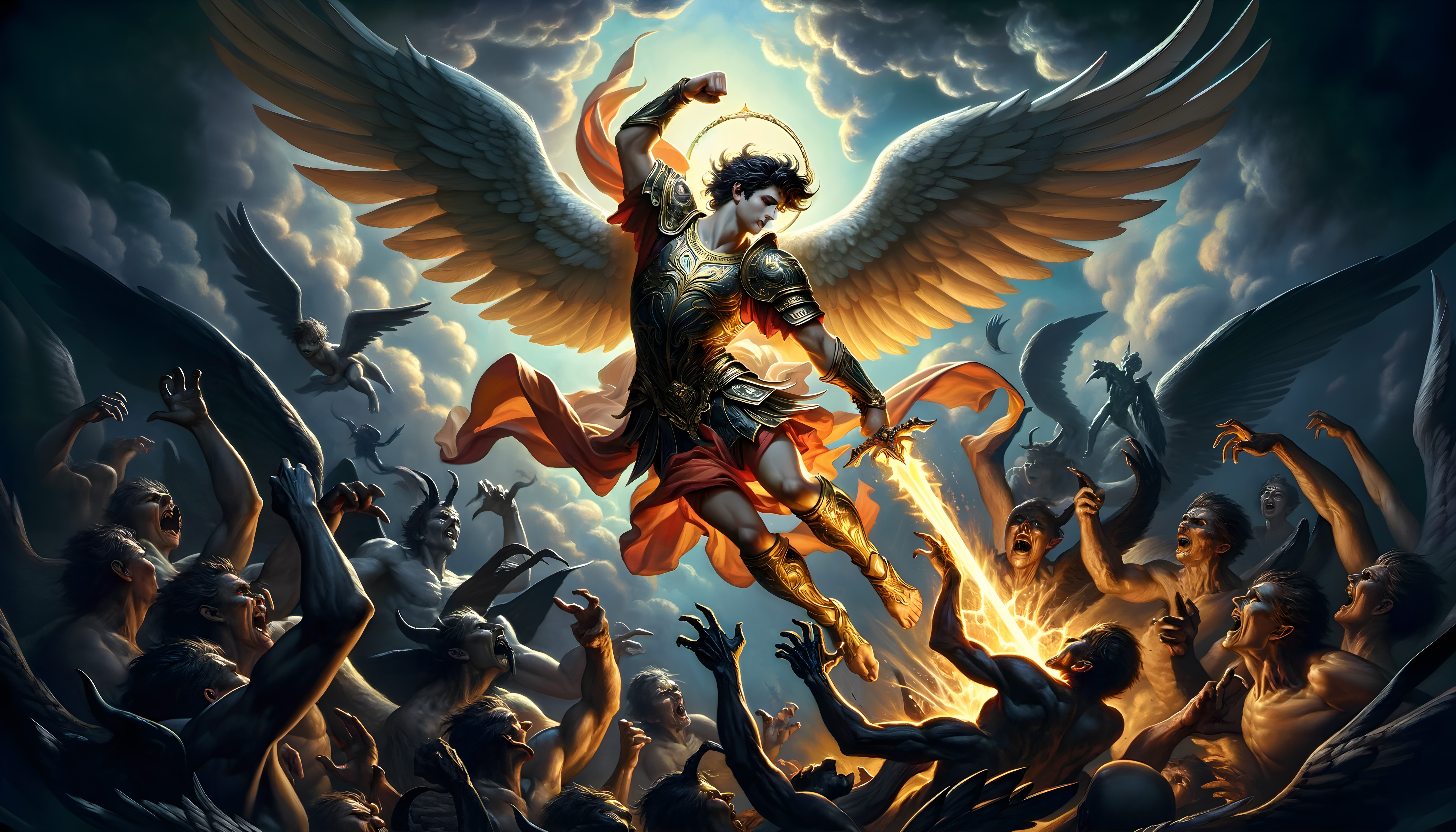 Celestial Warrior Defending Against Demonic Horde
