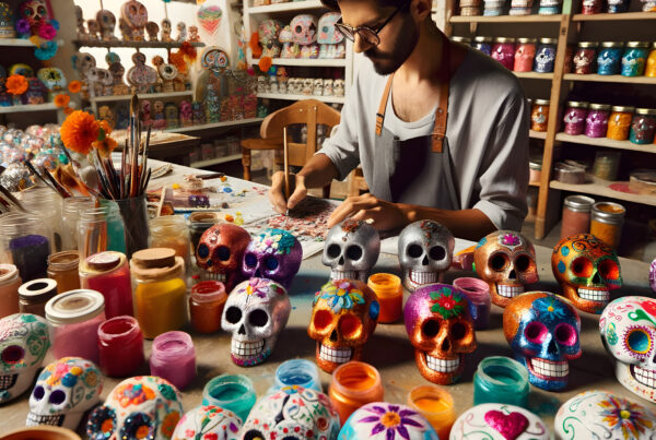 Artist painting traditional Mexican sugar skulls for Día de los Muertos festival decoration