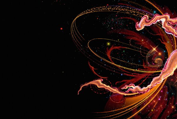 Abstract cosmic art with swirling patterns, stars, and colorful specks on a dark background.