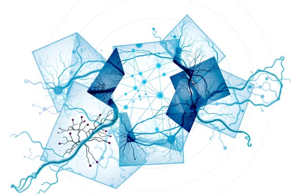 Abstract neural network illustration with geometric elements and blue color palette, depicting interconnected nodes and lines.