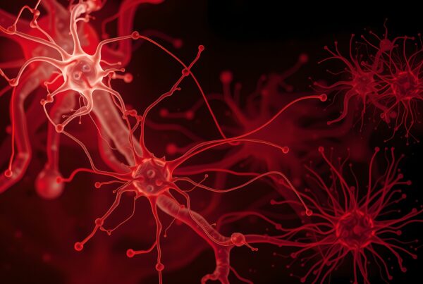 Illustration of red neurons with intricate dendrites, depicting a complex neural network in a vivid and engaging style.